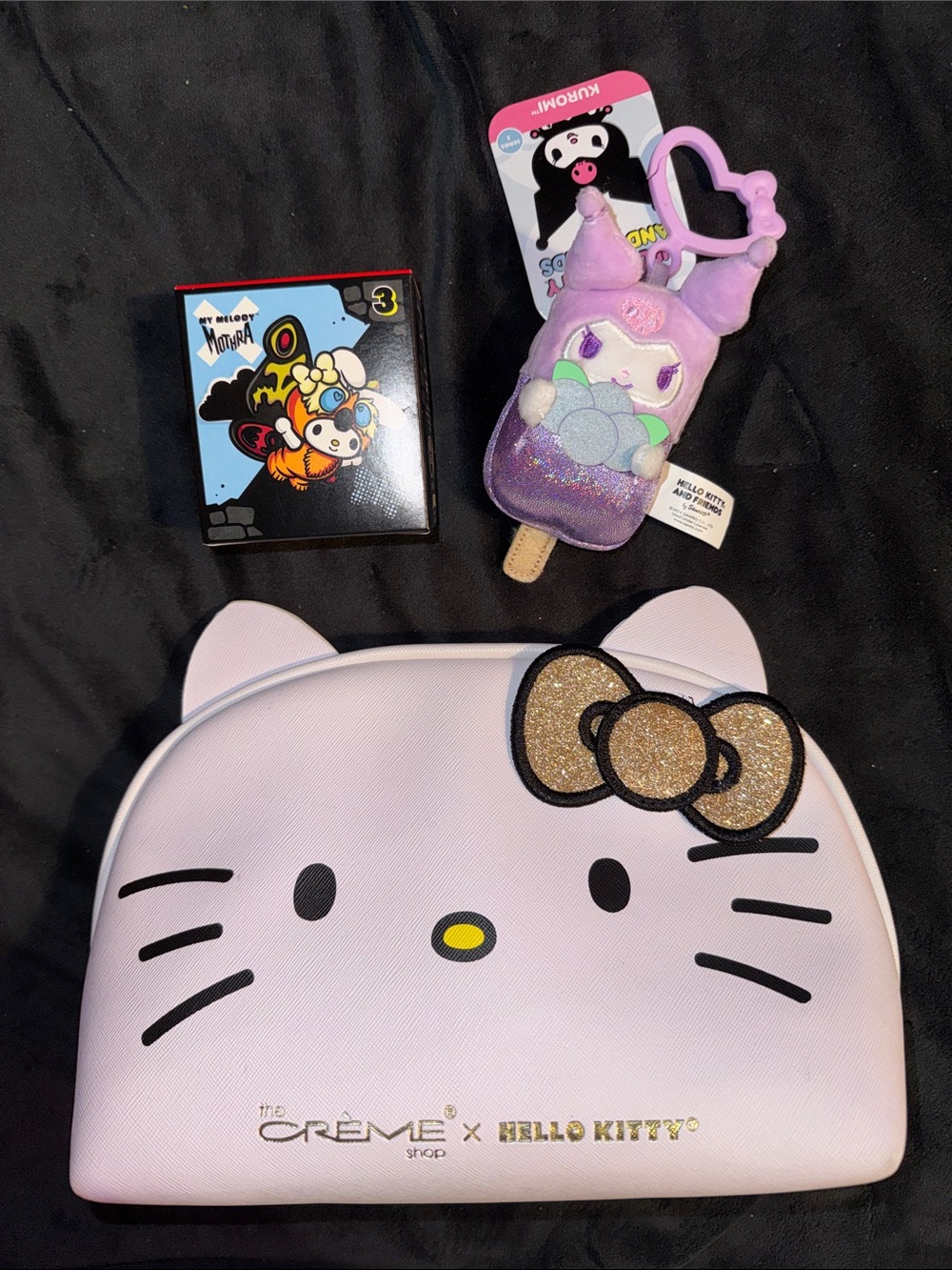 Hello Kitty Crème Shop Cosmetic Bag Kuromi Plush Charm KeyRing My Melody Mothra